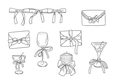El çizimi romantik karalamalar fiyonklar, hediye kutuları, zarflar, mumlar ve zarif bir çizgi sanatı tarzında dekore edilmiş gözlükler. Renklendirme sayfaları için beyaz arkaplanda izole edilmiş vektör çizimleri