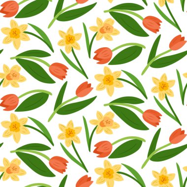 Beyaz bir zemin üzerinde sarı nergis ve turuncu laleler bulunan bahar çiçekleri deseni suluboya çizim tarzında tasarlanmış, tekstil ve ambalaj için mükemmel. Vektör illüstrasyonu
