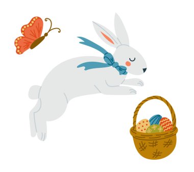 Süslü yumurta ve kelebek sepetinin yanında zıplayan şirin bir Paskalya tavşanı. Düz bir şekilde resmedilmiş. Tatil tasarımları, tebrik kartları ve şenlikli dekorasyonlar için mükemmel.
