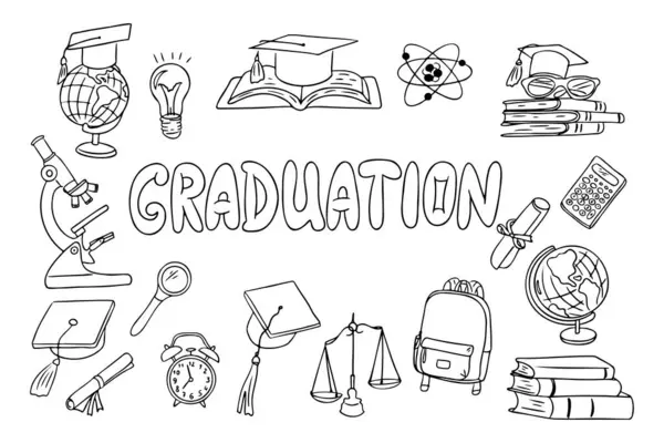 Kitaplar, diplomalar, mezuniyet şapkaları, bir mikroskop, bir dünya ve bilimsel unsurlar gibi akademik sembollerin yer aldığı el yapımı mezuniyet temalı karalama seti. Boyama sayfaları için vektör satırı çizimleri