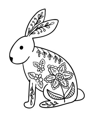 Siyah ve beyaz desenli çiçek ve botanik desenlerle süslenmiş bir tavşanın el çizimi halk sanatı çizimi. Renklendirme veya dekoratif tasarım için mükemmel.