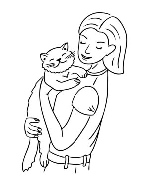Siyah ve beyaz çizgili mutlu bir kadın kollarında bir kedi tutuyor, sıcaklığı, sevgiyi ve insanlar ile hayvanlar arasındaki bağı minimalist bir tarzda ifade ediyor. Vektör çizgisi çizimi