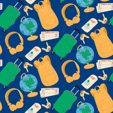 Bavullar, sırt çantaları, küreler, biniş kartları, haritalar, anahtarlar ve kulaklıklarla koyu mavi bir arka plan üzerinde kusursuz bir seyahat düzeni, seyahat aşıkları için canlı ve maceracı bir tasarım yaratıyor.