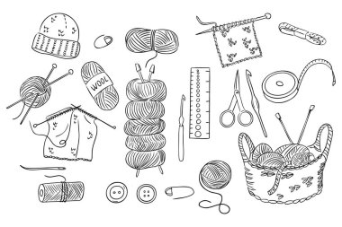 El yapımı örgü, örgü seti iplik, iğne, örgü şapka ve çeşitli dikiş aksesuarları. Tasarım yaratıcılığı, el işçiliğini ve örgü sanatını temsil ediyor.