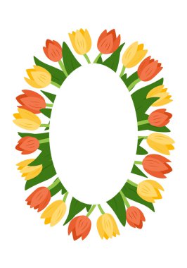 Yeşil yapraklı kırmızı ve sarı lalelerden yapılmış oval çiçek çerçevesi beyaz arka planda dekoratif bir bahar temalı sınır oluşturuyor. Kutlama, bayrak veya davet için çiçek şablonu