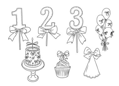 Doğum günü karalama çizimleri, papyonlu pasta üstleri, süslü bir pasta, bir kek, balonlar ve hepsi siyah beyaz çizgili sanat tarzıyla çizilmiş. Boyama sayfaları için vektör kontur çizimleri