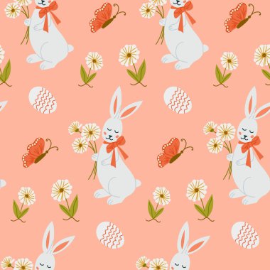 Çiçekleri, süslü yumurtaları, kelebekleri ve pastel şeftali arka planında çiçek elementleri olan kusursuz paskalya desenleri. Vektör el çizimi resimleme