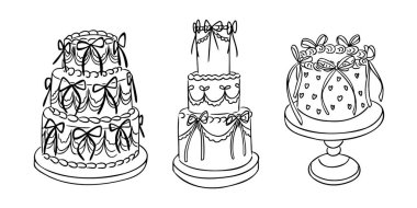 Fiyonklarla süslenmiş zarif dekoratif pastalar ve karışık krema detaylarıyla. Kutlama, düğün ve özel olayları temsil eden şık siyah beyaz bir illüstrasyon..