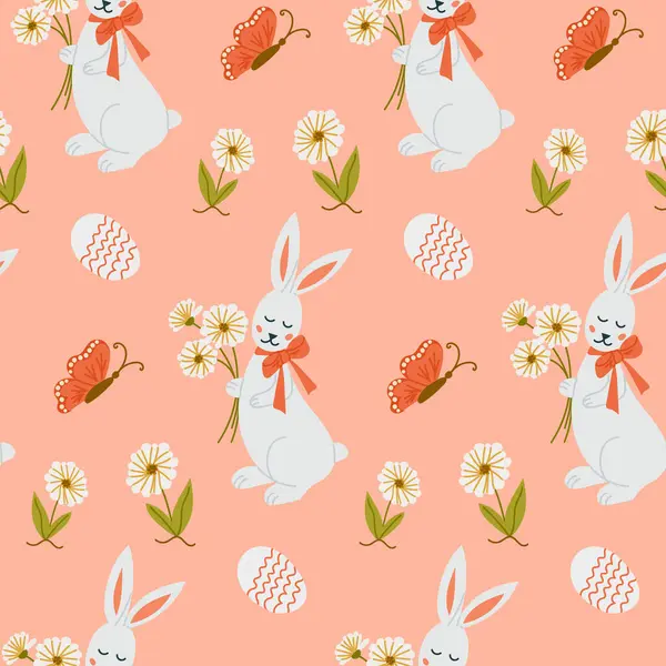 Çiçekleri, süslü yumurtaları, kelebekleri ve pastel şeftali arka planında çiçek elementleri olan kusursuz paskalya desenleri. Vektör el çizimi resimleme