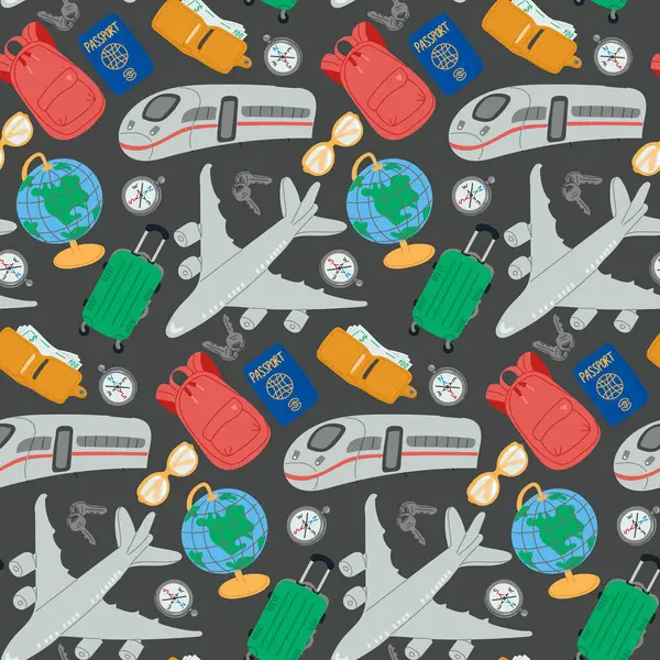 Uçaklar, trenler, pasaportlar, bavullar, sırt çantaları, küreler, biletler ve karanlık bir arka planda pusulalarla kusursuz bir seyahat düzeni. Seyahat tasarımları ve tekstil için mükemmel. Vektör illüstrasyonu