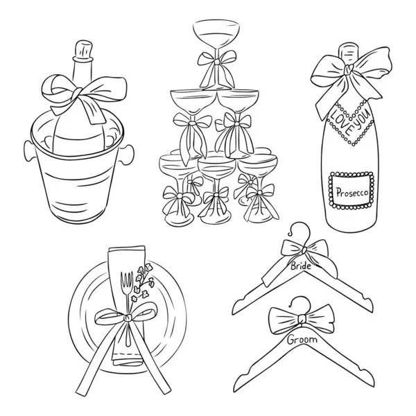 Gelin ve damat için şampanya şişesi, bardak, masa düzenleme ve askılar da dahil olmak üzere fiyonklu şık bir düğün seti. Romantik bir el yapımı vektör stili, düğün davetiyeleri için mükemmel.