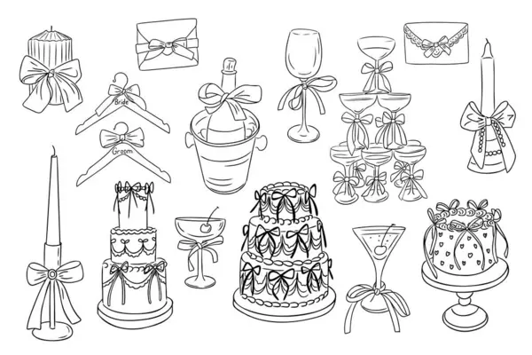 Pastalar, mumlar, bardaklar ve zarflar da dahil olmak üzere zarif fiyonklarla süslenmiş düğün eşyalarının el çizimi tasviri. Düğün davetiyeleri, dekor tasarımları ve kutlama konseptleri için mükemmel.