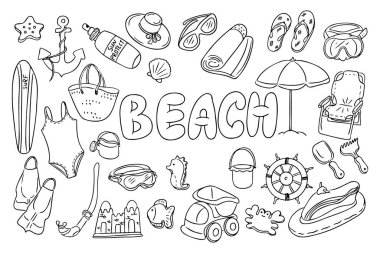 Plaj temalı karalamalar ve ortasında kalın BEACH yazıları olan el çizimi vektör seti. Çocuklar ve yetişkinler için çeşitli tatil eşyalarıyla tatil ve deniz kenarı eğlence konsepti