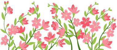 Beyaz arka planda pembe kiraz çiçekleri ve yeşil yapraklı el yapımı vektör pankartı. Bahar ve doğa kavramı yenilenmeyi, güzelliği ve mevsimsel büyümeyi temsil eder