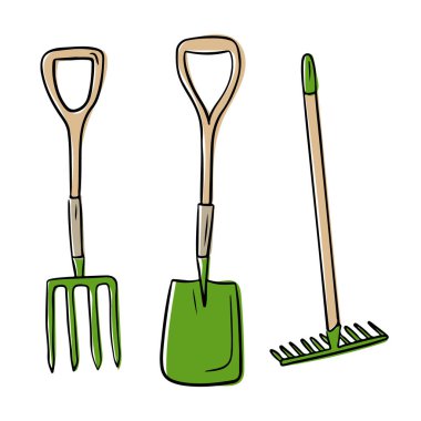 Ağaç sapları ve yeşil metal parçaları olan yaba, kürek ve tırmık gibi bahçe aletleri. Bahçe işleri, açık hava işleri ve çevre dostu yaşam tarzını temsil eder.