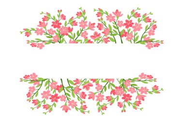 Üzerinde kiraz çiçeği dalları ve altında pembe çiçekler olan çiçek pankartı ortada boş bir alan bırakıyor. İlkbahar zarafeti, romantik tasarım ve doğadan esinlenilmiş dekorasyonun sembolü.