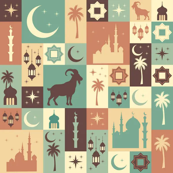 Cami siluetleri, hilal ayları, keçiler ve fenerlerle kusursuz Kurban Bayramı vektör deseni. Geleneksel festival kompozisyonunda kültürel sembollerle İslami bayram kutlaması kavramı