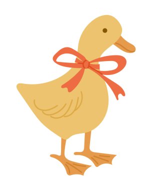 Boynunda kırmızı fiyonk olan sarı ördeğin şirin el çizimi vektörü beyaz arka planda. Büyüleyici hayvan çizimi masumiyeti, çiftlik hayatını ve çocukluğu simgeliyor.