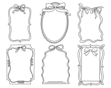 Fiyonklarla ve çiçek aksanıyla dekore edilmiş altı zarif el çerçevesi, beyaz arka planda siyah çizgiler. Davetiyeler, kartlar veya duyurular için dekoratif tasarım unsurları kavramı