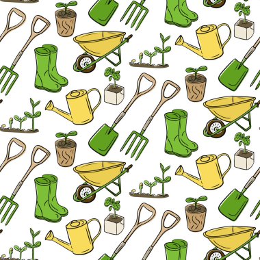 Aletler, fidanlar, botlar ve yeşil ve sarı renkli sulama kutularıyla kusursuz el yapımı bahçe deseni. Bahçe işleri, ilkbahar ve çevreci yaşam tarzının eğlenceli bir tarzı var.