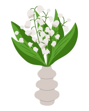 Yeşil yaprakları ve beyaz çiçekleri olan dekoratif bir vazoda vadi çiçekleri elle çizilmiş. Minimalist çiçekli bir resimde saflık, zarafet ve bahar kutlaması kavramı