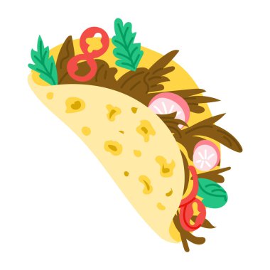 Tortilla 'da doğranmış et, sebze ve otlu taco' nun el çizimi. Bu resim Meksika mutfağı, fast food ve sokak yemeği kültürünü temsil ediyor.