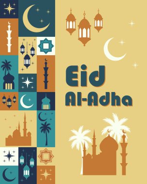 Cami silueti, fenerler, hilal ayları ve renkli arkaplanda yıldızlar olan Kurban Bayramı tebrik kartı. İslami bayram kutlaması, davetiye ve mevsimlik dekorasyon için elle çizilmiş vektör