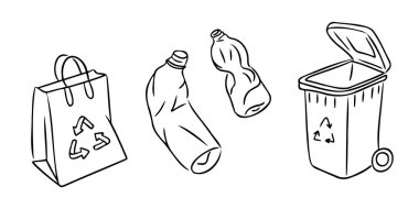 Ekolojik poşet, plastik şişeler ve beyaz arka planda özetlenmiş çöp kutusuyla karalamalar. Sürdürülebilirlik projeleri, atık yönetimi ve yeşil yaşam tarzı tanıtımı için çevre dostu el çizimi vektörü