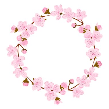 Kahverengi dalların üzerinde, ortasında boş alan olan narin pembe çiçeklerden yapılmış kiraz çiçeği çelengi. Baharın sembolü, doğanın uyanışı ve asgari çiçek dizaynındaki güzellik.