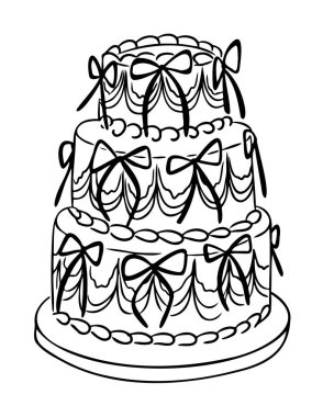 Üç katlı düğün pastasının yay ve kaplama detaylarıyla süslenmiş bir temsili resmi. Kutlama kavramı, evlilik ve şenlikli tatlı süsü.