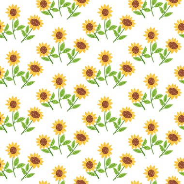 Elle çizilmiş ayçiçekleri ve beyaz arka planda yeşil yapraklarla kusursuz vektör deseni. Yaz kavramı, doğa ve çiçekli süsleme neşeli ve parlak stil