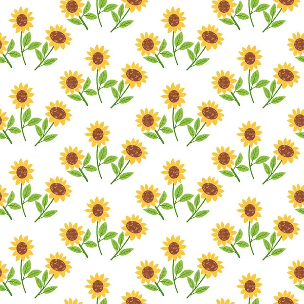 Elle çizilmiş ayçiçekleri ve beyaz arka planda yeşil yapraklarla kusursuz vektör deseni. Yaz kavramı, doğa ve çiçekli süsleme neşeli ve parlak stil