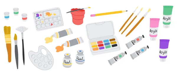 Renkli el resimleri, fırçalar, paletler, boya tüpleri ve beyaz arka planda suluboya setleri. Sanatsal yaratıcılık kavramı, resim araçları ve hobi gereksinimleri