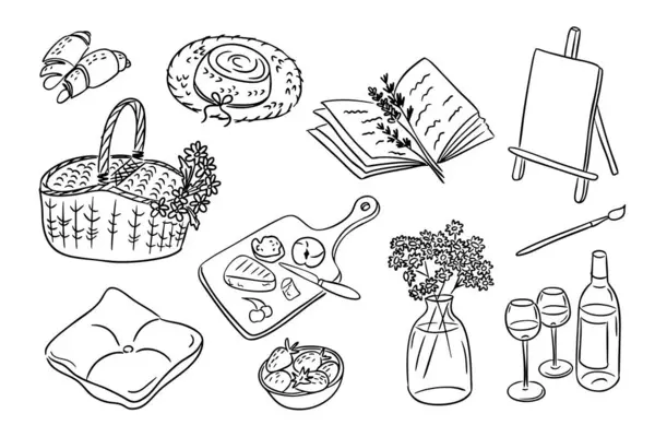Elle çizilmiş yemek, şarap, çiçekler ve siyah beyaz boya eşyalar içeren piknik temalı karalama seti. Yaz piknik atmosferinde eğlence, yaratıcılık ve rahatlama kavramı