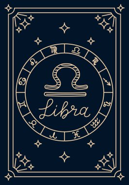 Karanlık arka planda Terazi sembolü ve astrolojik tekerleği olan vektör zodyak kartı. Ahenk, denge ve hava işareti özelliklerini temsil eden mistik astroloji kavramı