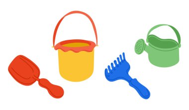 Beyaz arka planda kova, tırmık, kürek ve sulama kutusu da dahil olmak üzere renkli plaj oyuncaklarının temsili. Yaz tatili ve açık hava oyun konsepti çocuklar için eğlenceli bir el çizimi tarzında