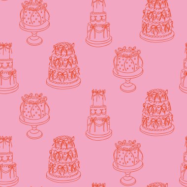Pembe arka planda el ve kurdelelerle çizilmiş klasik pastaların kusursuz deseni. Kutlama anlayışı, romantik parti dekorasyonu ve tatlı şenlik havası