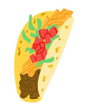 Kıymalı taco illüstrasyonu, doğranmış peynir, düz vektör tarzında marul ve domates. Fast food, Meksika mutfağı ve lezzetli sokak yemekleri konseptini temsil eder.