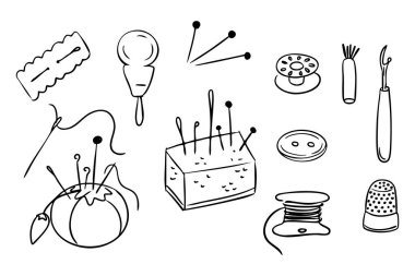 İğneler, iplik, yüksük ve karalama şeklinde iğneler de dahil olmak üzere el yapımı dikiş aletleri koleksiyonu. Sanatı, terziliği ve dikiş işini temsil eder.