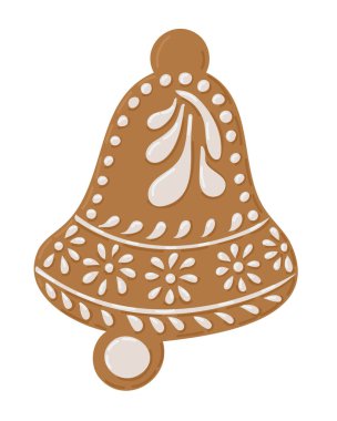 Çan şeklinde zencefilli kurabiye ve şenlikli beyaz çiçekli süsleme. Geleneksel el yapımı Noel tatlısı ve bayram kutlaması konsepti