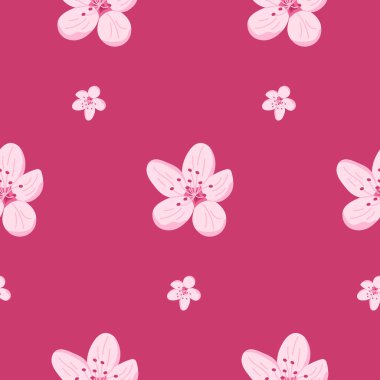 Pembe kiraz çiçekleri ve koyu mor arkaplanda kusursuz desenler. Bahar çiçeği tasarımı ve romantik tekstil konsepti yumuşak el çizimi tarzında