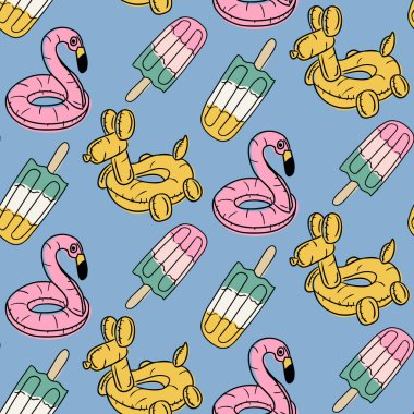 Flamingo şamandıraları, buz çubukları ve balondan hayvan tüpleri olan eğlenceli, pürüzsüz bir yaz şablonu. Eğlence, rahatlama ve havuz kenarı titreşimlerini renkli sezonluk dizaynla yakalar