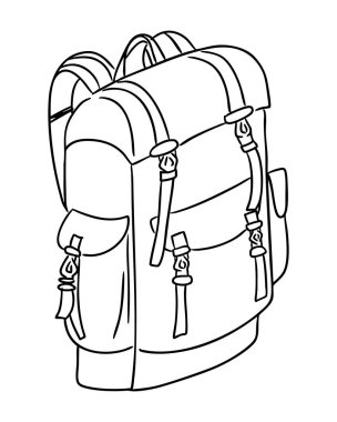 Kemer tokalı sırt çantası ve basit bir çizgi şeklinde çizilmiş cepler. Macera, seyahat ekipmanları ve açık hava keşiflerini temsil eder.