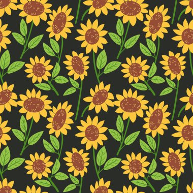 Parlak sarı çiçekleri ve siyah arka planda yeşil yaprakları olan kusursuz ayçiçeği deseni. Neşeli botanik tasarımında sıcaklığı, pozitifliği ve zarafeti yakalar.