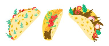 Farklı et, sebze ve malzemelerle dolu üç renkli tako seti. Konsept Meksika mutfağını, sokak yemeği kültürünü ve lezzetli yemekleri yansıtır.