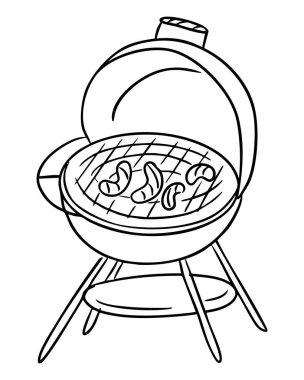 Izgarasında sosis olan mangal kömürü, basit siyah çizgiler çizilmiş. Kavram yaz barbeküsünü, açık hava yemeklerini ve piknik tatillerini temsil eder.