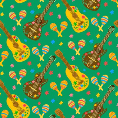 Dekore edilmiş gitarları, marakaları ve yeşil arka planda renkli çiçekleri olan kusursuz bir desen. Kavram Meksika şenliğini, kültürel kutlamayı ve geleneksel müziği sembolize eder.