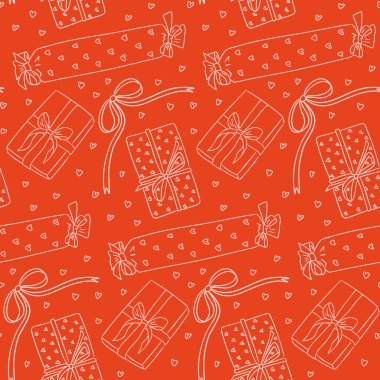Paketlenmiş hediyelerin, yayların ve kırmızı arka plandaki kalplerin kusursuz vektör deseni el çizimi tarzında. Kutlama, tatil paketi ve hediye verme kavramı.