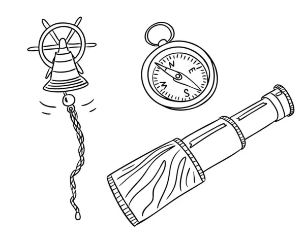 Elle çizilmiş gemi zili, pusula ve dürbün de dahil olmak üzere deniz ürünleri seti. Deniz keşfi, seyrüsefer araçları ve deniz macerası kavramı