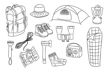 El yapımı kamp malzemeleri, sırt çantası, çadır, botlar ve açık hava macerası için aletler. Doğada keşif, seyahat ve hayatta kalma kavramını temsil eder.